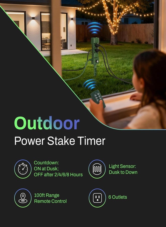 BN-LINK Outdoor Power Stake Timer, 100FT Wireless Remote Control, Dusk to Dawn Sensor for Outdoor Lights, 6 Grounded Outlets, 6ft Extension Cord, 1875W/15A,Christmas Decorations, ETL Listed - Image 2