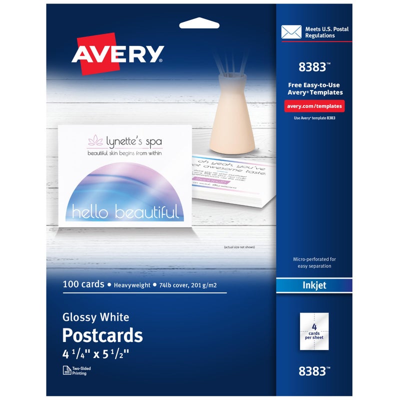 Avery Printable Postcards, 4.25" x 5.5", Glossy White, 100 Blank Postcards for Inkjet and Laser Printers (8383) - Image 1