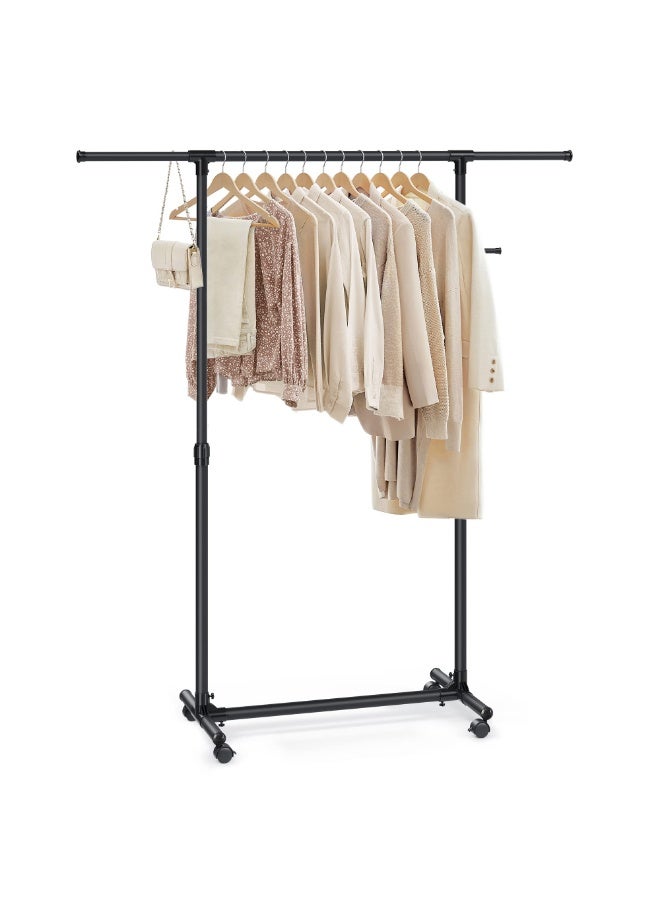 LOKIPA Clothes Rack with Castors, Garment Rack, Adjustable Height Between 97-165 cm, Clothes Rail with Extendable Bar, Side Hooks for Accessories and Bags, Black  - Image 1