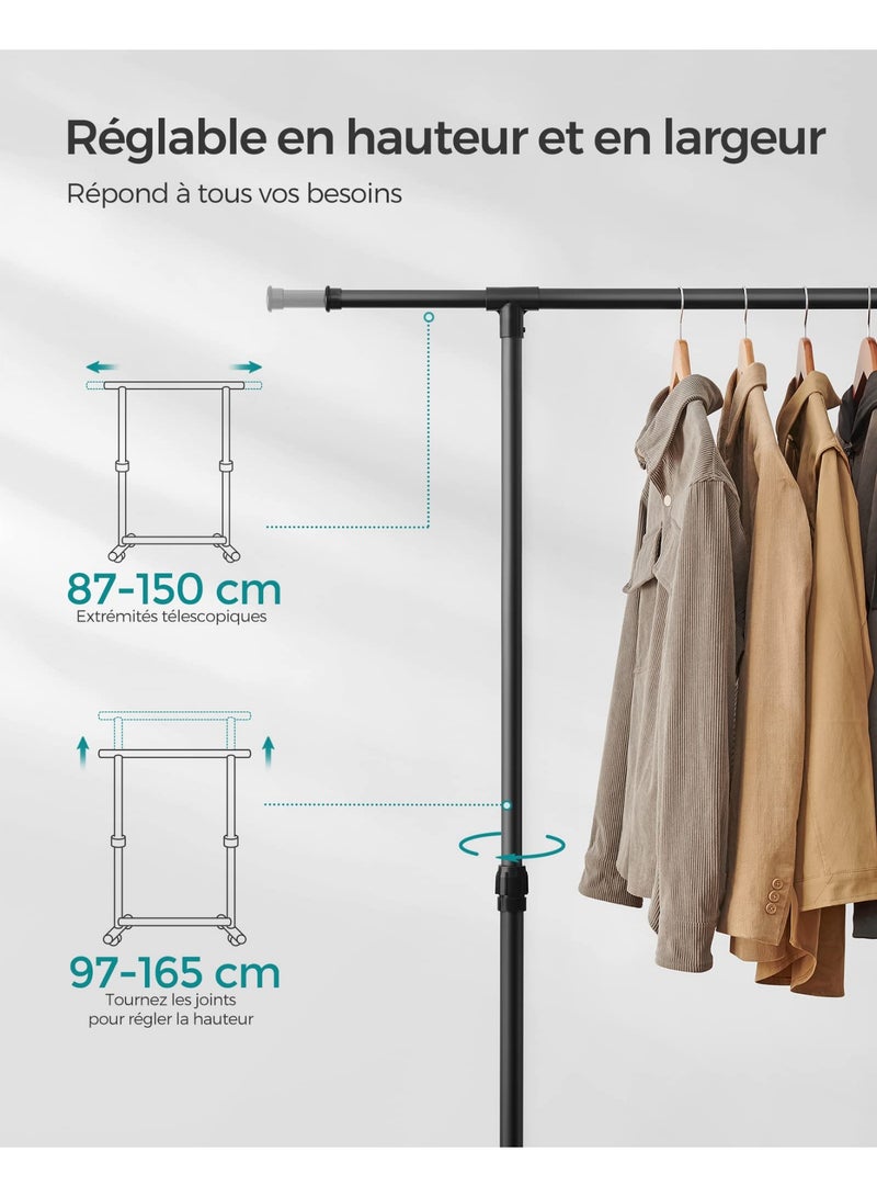 LOKIPA Clothes Rack with Castors, Garment Rack, Adjustable Height Between 97-165 cm, Clothes Rail with Extendable Bar, Side Hooks for Accessories and Bags, Black  - Image 5