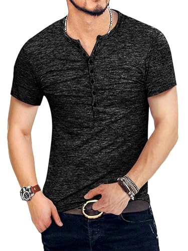 KUYIGO Men's Henley Shirts Short Sleeve Mens Casual Stylish Button Summer T-Shirt Black Large - Image 3