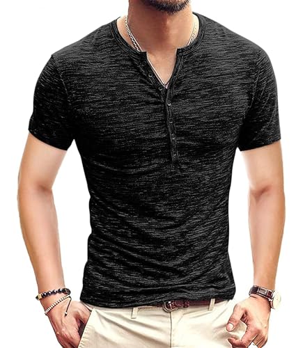 KUYIGO Men's Henley Shirts Short Sleeve Mens Casual Stylish Button Summer T-Shirt Black Large - Image 1