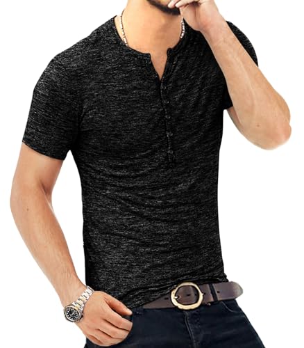 KUYIGO Men's Henley Shirts Short Sleeve Mens Casual Stylish Button Summer T-Shirt Black Large - Image 2
