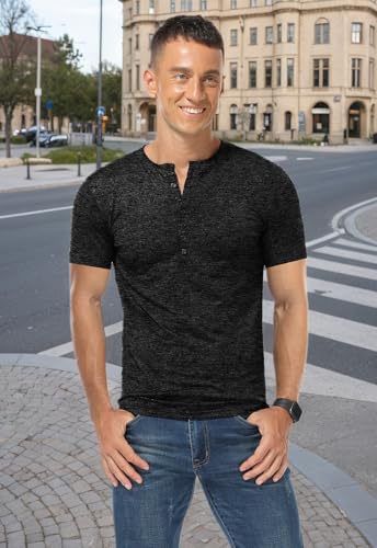 KUYIGO Men's Henley Shirts Short Sleeve Mens Casual Stylish Button Summer T-Shirt Black Large - Image 5