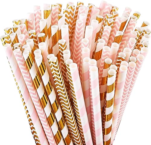 ALINK Biodegradable Paper Straws, 100 Pink and Gold Straws for Party Supplies, Birthday, Wedding, Bridal/Baby Shower, Christmas Decorations and Holiday Celebrations - Image 1
