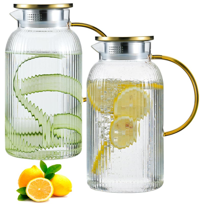 2 PACK Glass Pitcher with Lid and Handle68 oz 2 Liter Vertical Stripes Water PitcherGlass Water Carafe for FridgeHand Blown Heat Resistant Borosilicate Water Jug for HotCold DrinksGifts