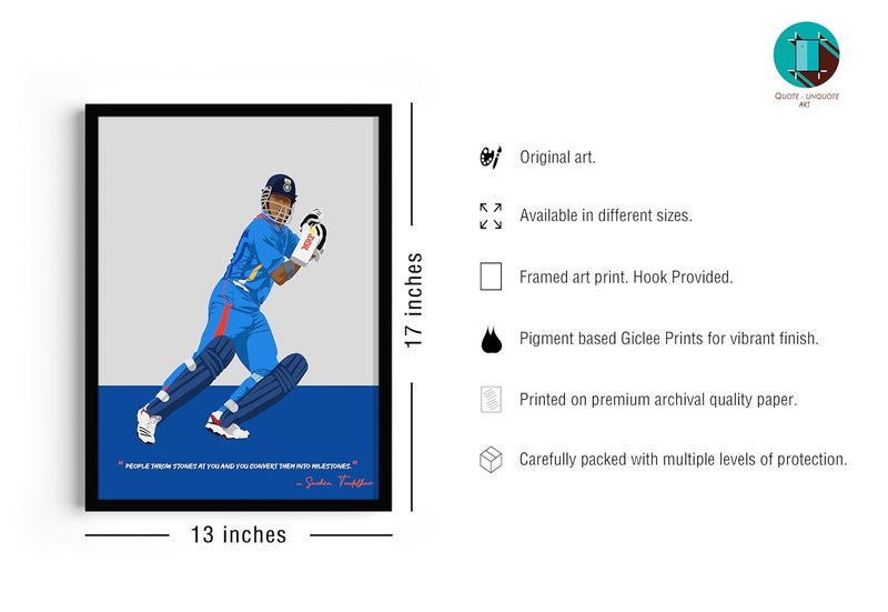 QUOTE - UNQUOTE ART QUOTE UNQUOTE ART Sachin Tendulkar Framed Art Illustration Original Cricket Poster Minimalist Modern Art 13x17 inches Black Frame - Image 5