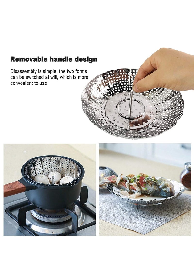 Steamer Shelf, Stainless Steel Steamer Basket with Removable Handle, Collapsible Steaming Basket Fits Various Pots and Pans (19.5 x 19.5 cm)