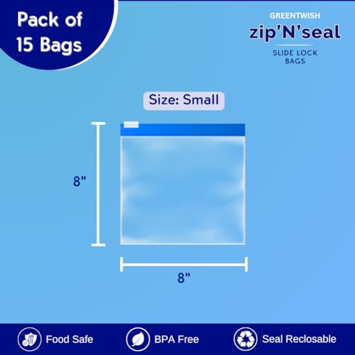 GREENTWISH Zip 'N' Seal Slider Zip Lock Bags, Food Vegetable Fruit Fridge Storage Bag, Freezer/Microwave Safe, Reusable LDPE Transparent Zipper Bag | Size: 8 x 8 Inch (Small) | Pack of 15 Bags - Image 2