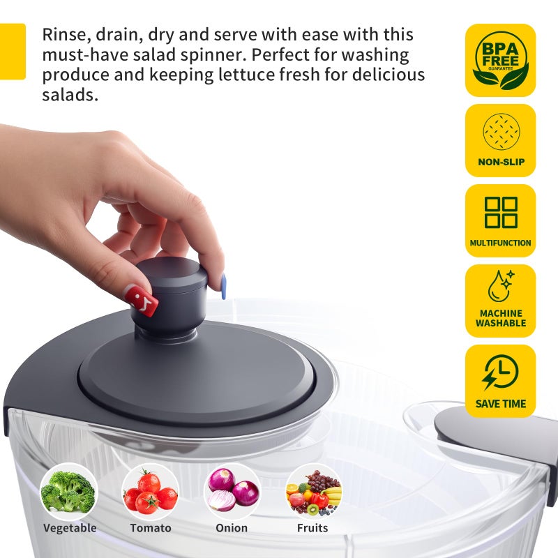 iETH Salad Spinner Large, Fruit Washing Bowl with Strainer, Quick and Easy Use Lettuce Spinner, Fruits and Vegetables Washer, Lettuce Salad Dryer, Kitchen Essentials (4L/4.23Qt) - Image 5