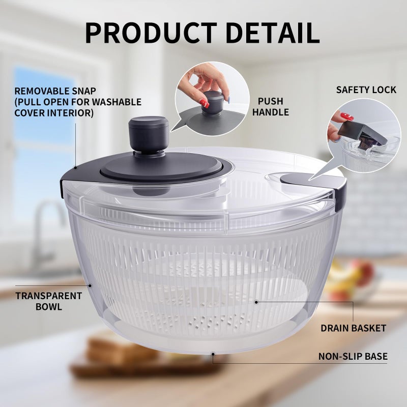 iETH Salad Spinner Large, Fruit Washing Bowl with Strainer, Quick and Easy Use Lettuce Spinner, Fruits and Vegetables Washer, Lettuce Salad Dryer, Kitchen Essentials (4L/4.23Qt) - Image 3
