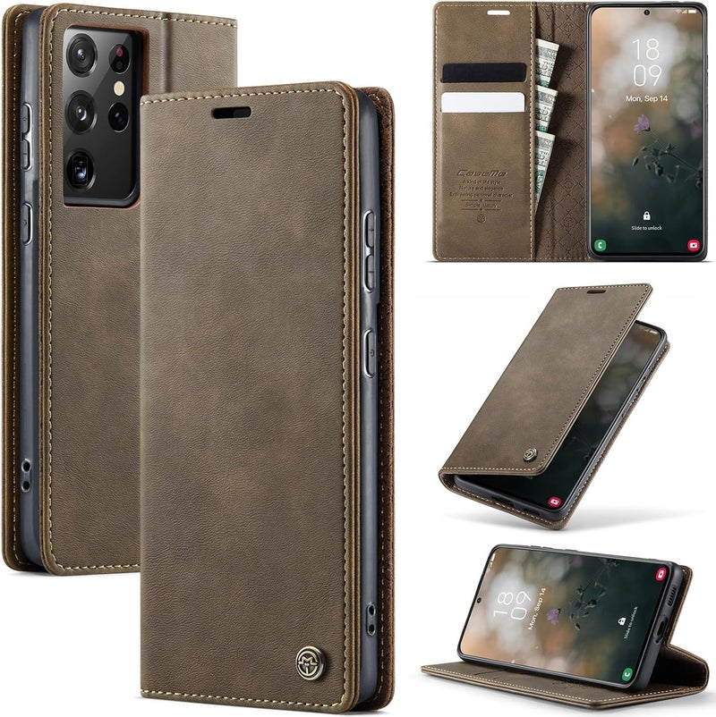 Cracedily Phone Case for Samsung Galaxy S21 Ultra, Premium PU Leather [RFID Blocking] Flip Case with Card Slot, Stand Function Leather Case, Phone Case, Galaxy S21 Ultra Case Book Case, Coffee - Image 1