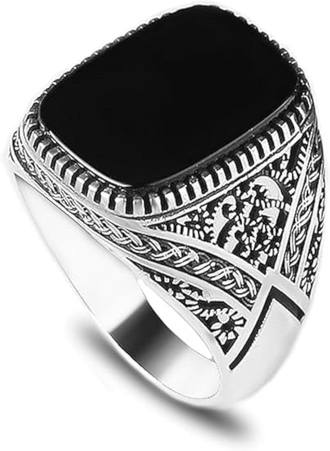 KsrModa Sterling Silver Signet Ring with Black Onyx Stone - Men's Handmade Engraved Silver Ring - Gift for Men, Dad, Gemstone, Onyx - Image 1