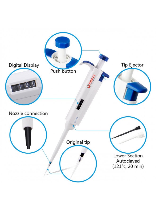 FOUR E'S SCIENTIFIC FOUR E'S SCIENTIFIC 0.5-10 uL Single-Channel Pipette Adjustable Variable Volume Micropipette High Accurate Pipettor for Laboratory, School - Image 1