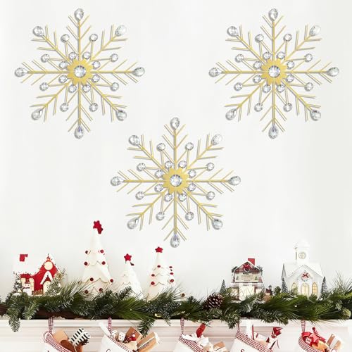ZEXUIRU 3 Set Gold Starburst Wall Art for Home Decor Metal Bling Crystal Rhinestones Sunburst Wall Decor Sparkling Rhinestone Art Accent Gold 13in - Image 1