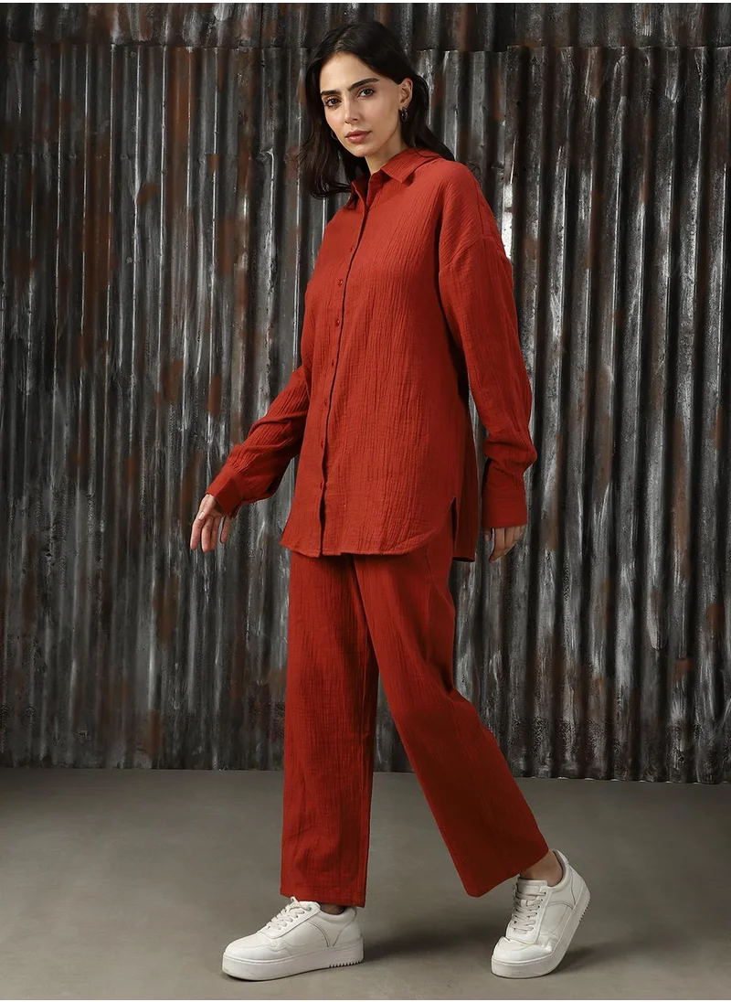 HIGH STAR Women's Red 100% Cotton Solid Button Down Full Length Casual Mom Fit Co-Ords