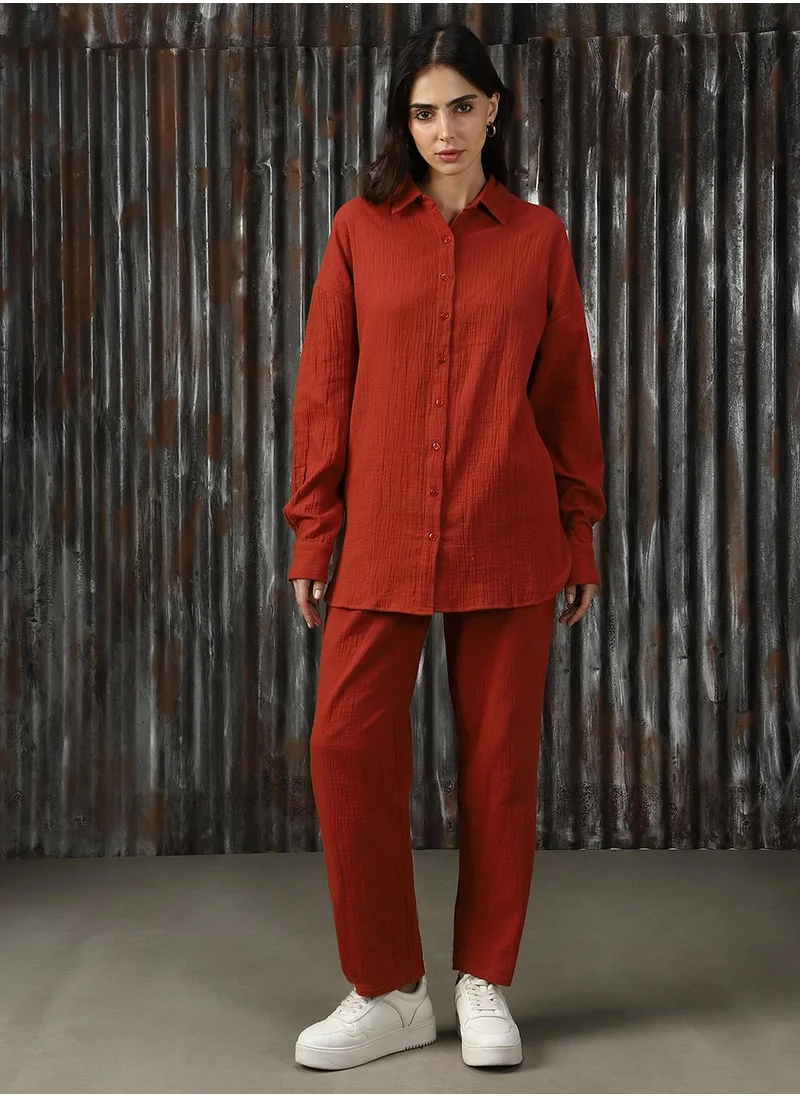 هاي ستار Women's Red 100% Cotton Solid Button Down Full Length Casual Mom Fit Co-Ords
