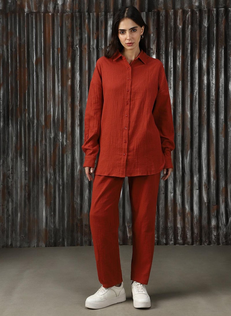 HIGH STAR Women's Red 100% Cotton Solid Button Down Full Length Casual Mom Fit Co-Ords - Image 5