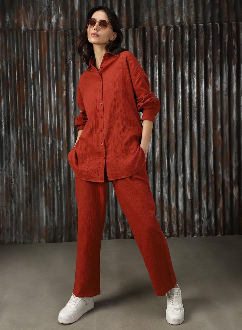 HIGH STAR Women's Red 100% Cotton Solid Button Down Full Length Casual Mom Fit Co-Ords - Image 1