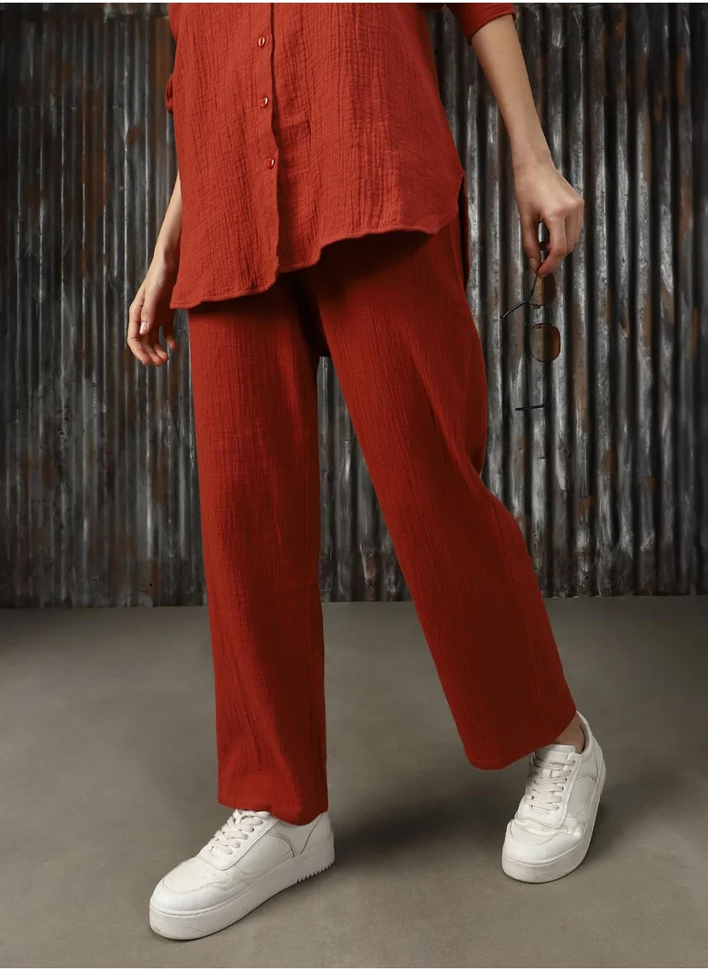 هاي ستار Women's Red 100% Cotton Solid Button Down Full Length Casual Mom Fit Co-Ords