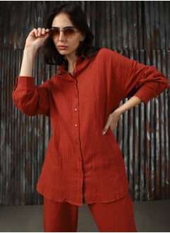 HIGH STAR Women's Red 100% Cotton Solid Button Down Full Length Casual Mom Fit Co-Ords  - Image 5