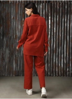 HIGH STAR Women's Red 100% Cotton Solid Button Down Full Length Casual Mom Fit Co-Ords  - Image 3
