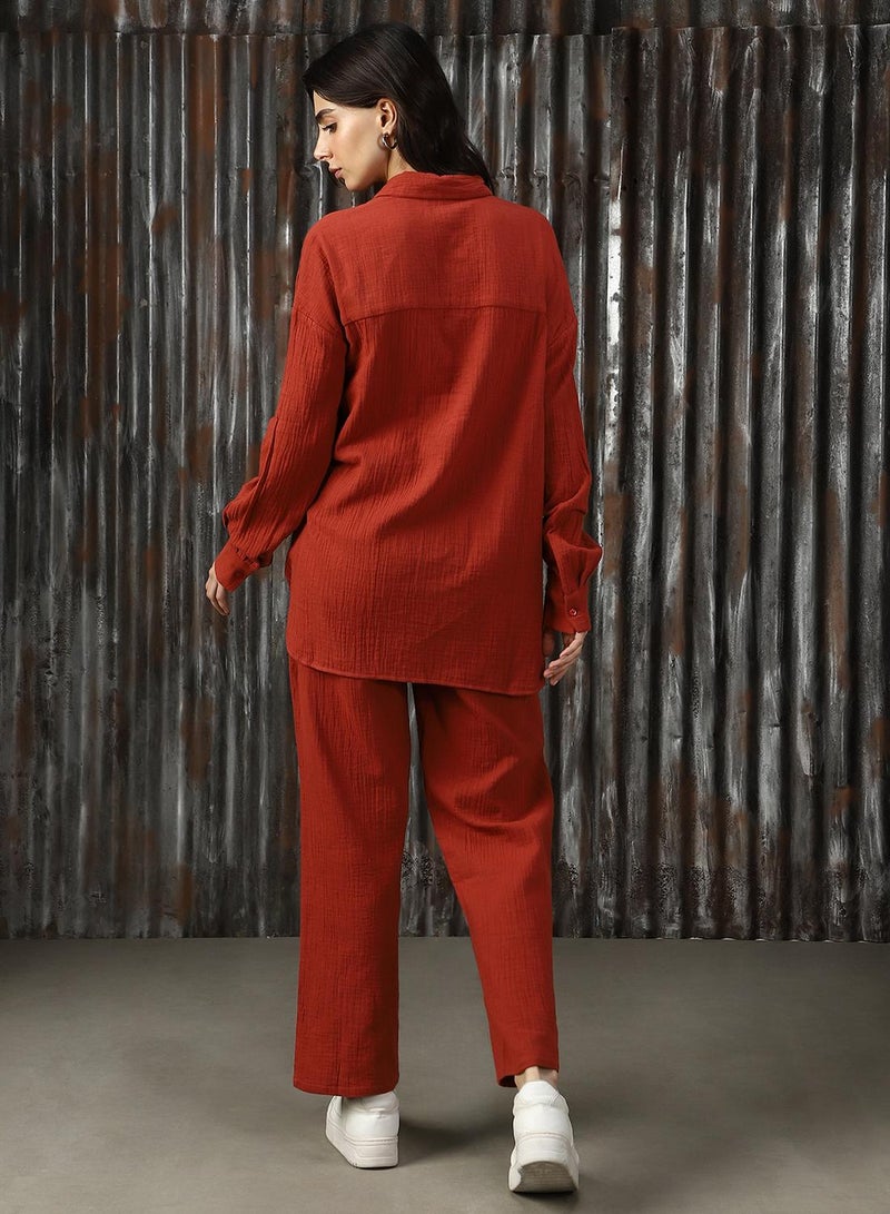 HIGH STAR Women's Red 100% Cotton Solid Button Down Full Length Casual Mom Fit Co-Ords - Image 3