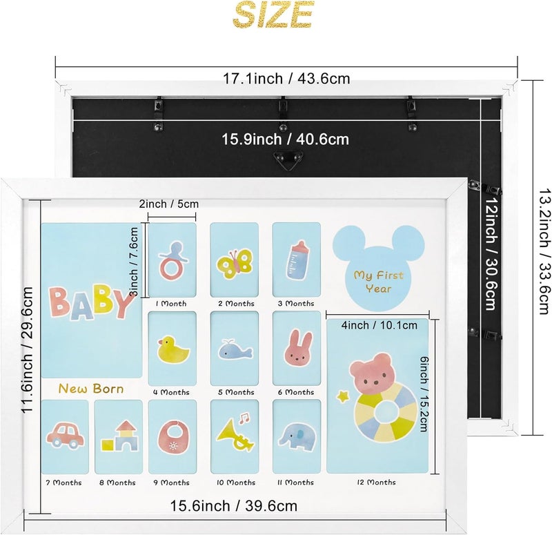 FramePro My First Year Photo Frame 12x16 Babys First Twelve Months 4x6 and 2x3 Wallet Pictures Milestone Board Keepsake as New Mom Baby Newborn Gift White - Image 3