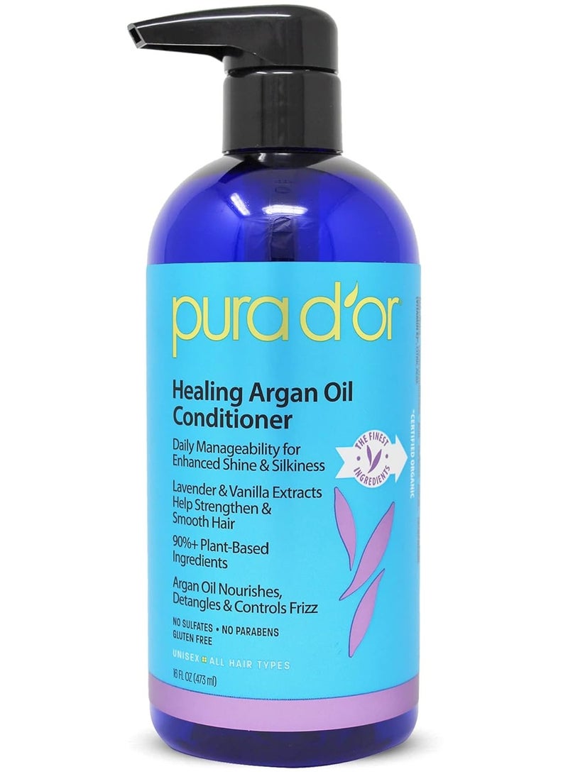 Pura d'or PURA D'OR 16 Oz Healing Argan Oil Conditioner For Dry, Damaged, Frizzy Hair, w/Aloe Vera, Lavender, Vanilla, Coconut, Retinol & Vitamin E, No Sulfates, All Hair Types, Men Women  - Image 1