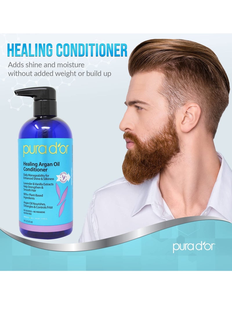 Pura d'or PURA D'OR 16 Oz Healing Argan Oil Conditioner For Dry, Damaged, Frizzy Hair, w/Aloe Vera, Lavender, Vanilla, Coconut, Retinol & Vitamin E, No Sulfates, All Hair Types, Men Women  - Image 2