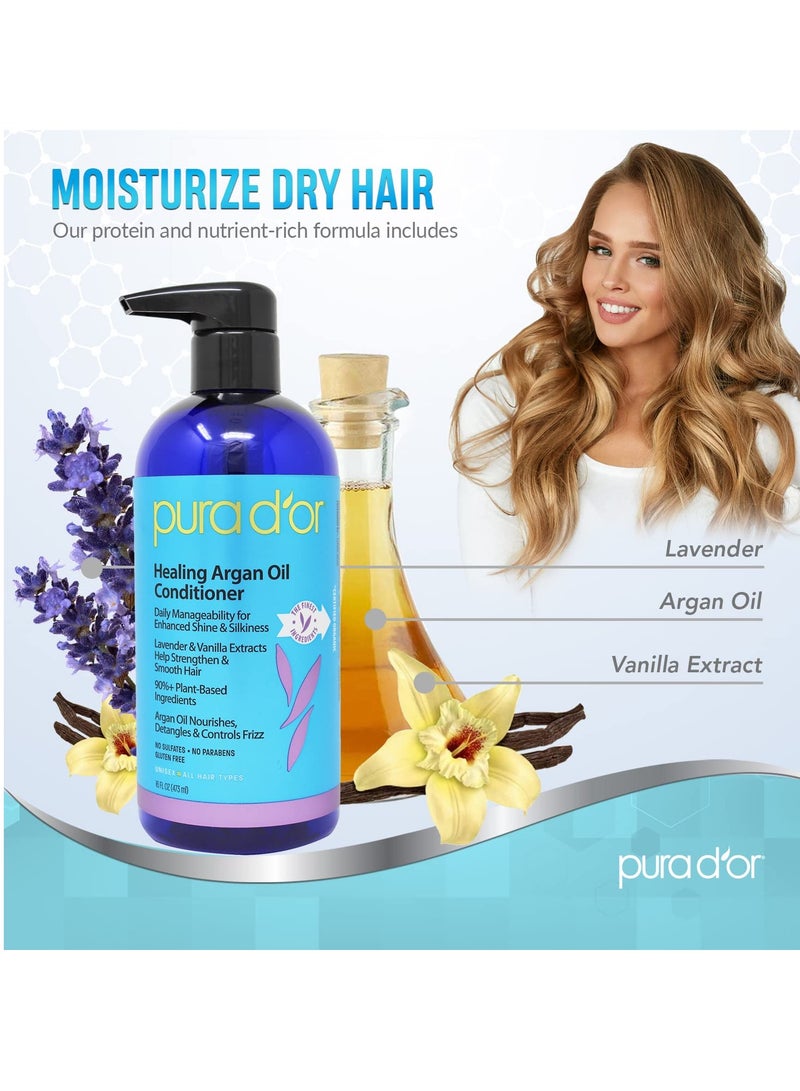 Pura d'or PURA D'OR 16 Oz Healing Argan Oil Conditioner For Dry, Damaged, Frizzy Hair, w/Aloe Vera, Lavender, Vanilla, Coconut, Retinol & Vitamin E, No Sulfates, All Hair Types, Men Women  - Image 4