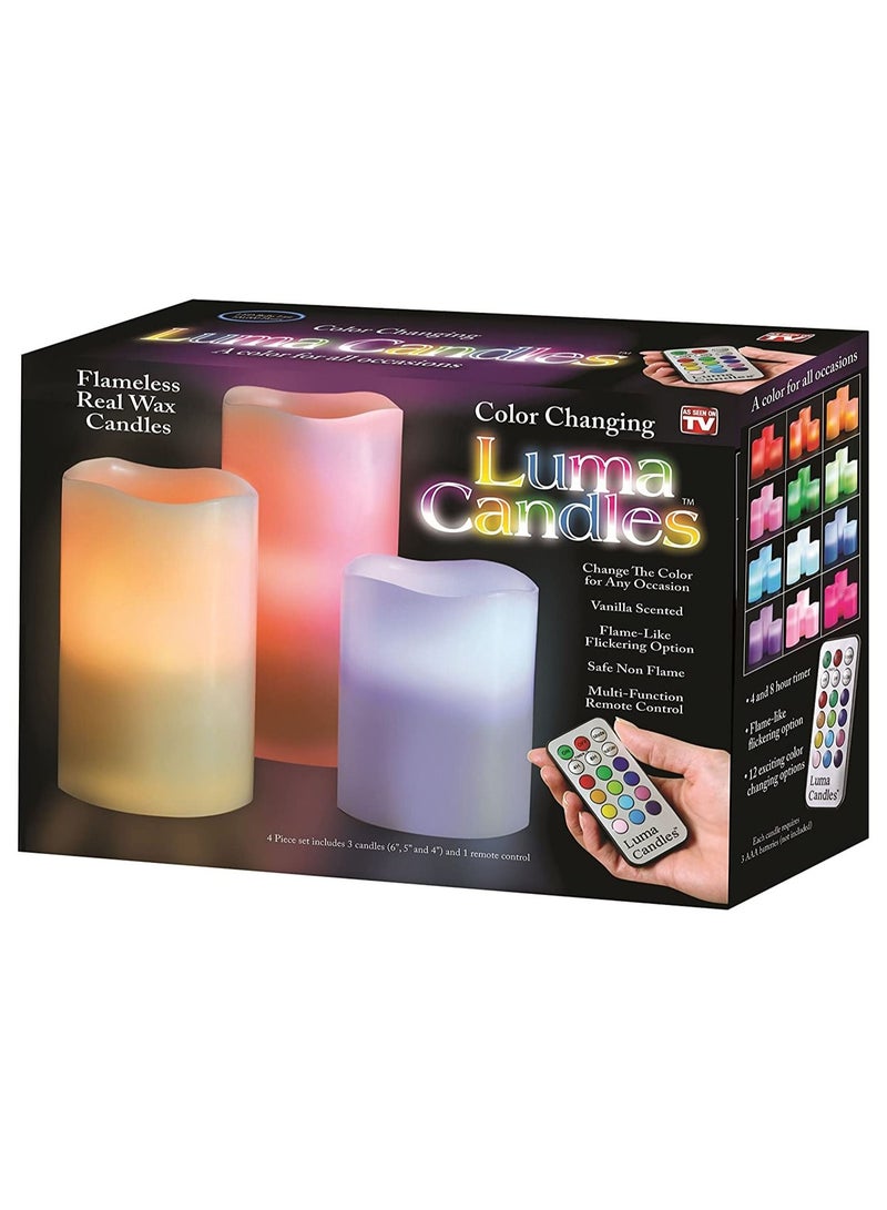 Luma Flameless LED Candles Light, ALED LIGHT 3 Pack Warm White Plus Multicolor Real Wax Battery Operated Electric LED Battery Candles with Timer FLameless Pillar Candles for Decoration - Image 1