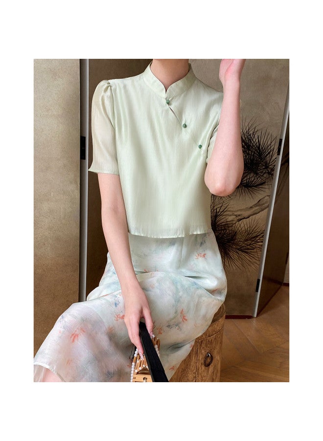 Dme "heavyweight Laiselle" Summer National Style New Chinese Stand-up Collar Top Printed Sling Dress Set Women's Two-piece - Image 3