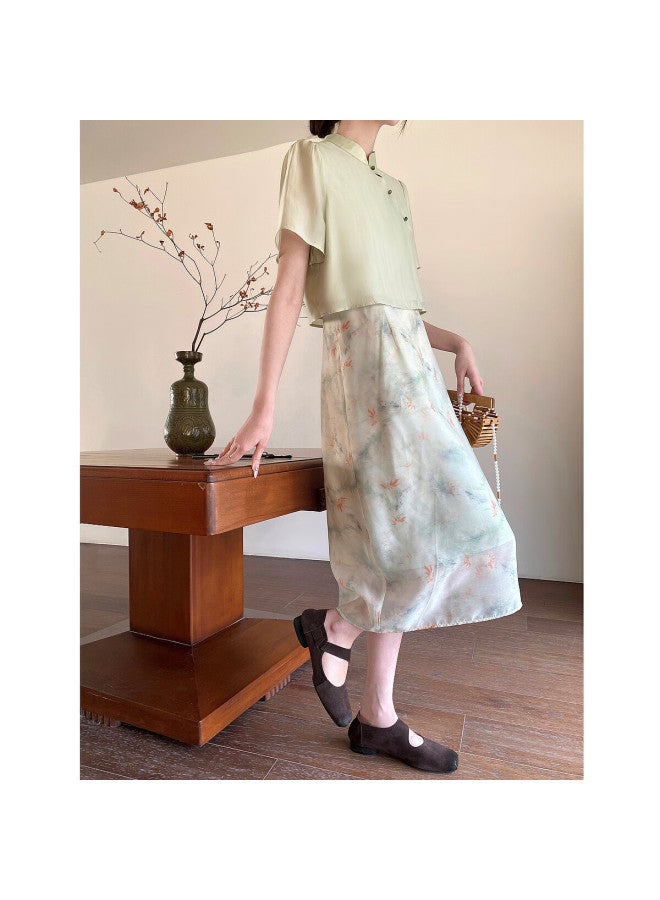 Dme "heavyweight Laiselle" Summer National Style New Chinese Stand-up Collar Top Printed Sling Dress Set Women's Two-piece - Image 2