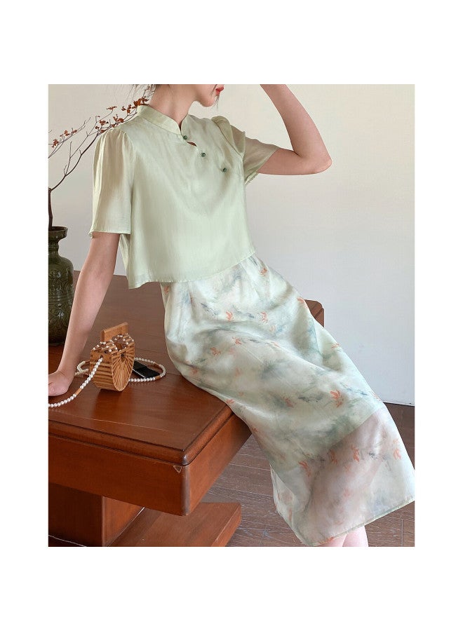 Dme "heavyweight Laiselle" Summer National Style New Chinese Stand-up Collar Top Printed Sling Dress Set Women's Two-piece - Image 5