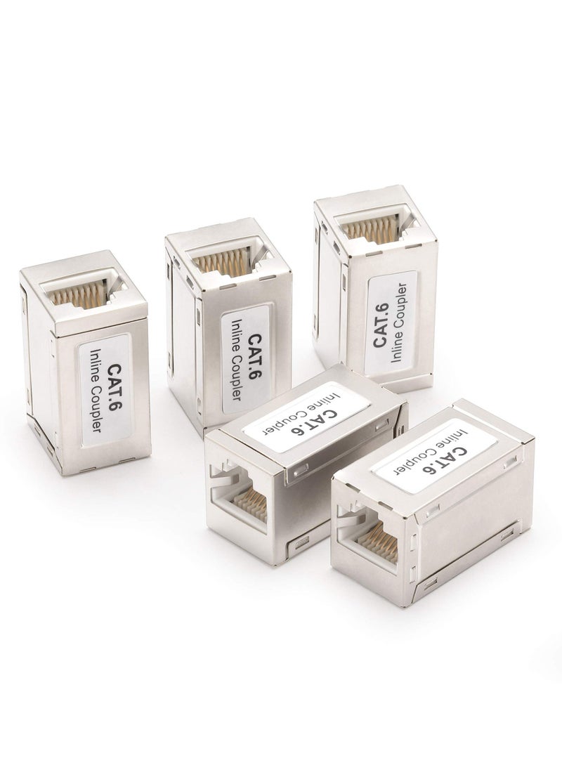 KASTWAVE - RJ45 Coupler Shielded Inline Adapter, Ethernet Cable Extender, Ethernet Coupler Female to Female Connector for Cat7/ Cat6/ Cat5e Cable, Ethernet Extender Adapter in Silver (5 Pack) - Image 1
