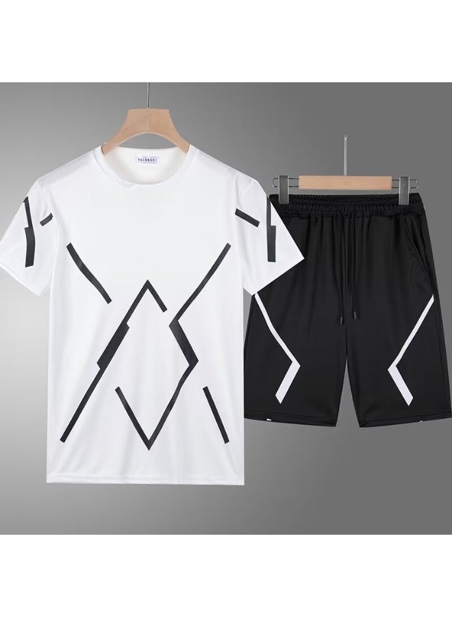 GRKC Men's 2-Piece Sportswear Set, Summer Quick-Drying Running Gear, Short-Sleeve T-Shirt and Shorts, Fitness Training Outfit, Lightweight Athletic Clothing for Gym, Jogging, Cycling, and Outdoor Activities, Color: White - Image 1