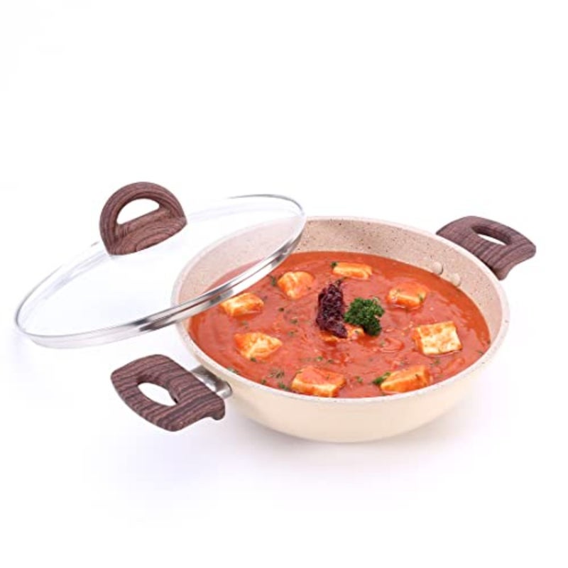 Die-cast 24 cm Kadhai with lid 5 Layer Healthy Duramax Non-Stick Coating Soft Touch Handles Pure Grade Aluminium PFOA Free 2.5 litres 2 Year Warranty Ivory - Image 1