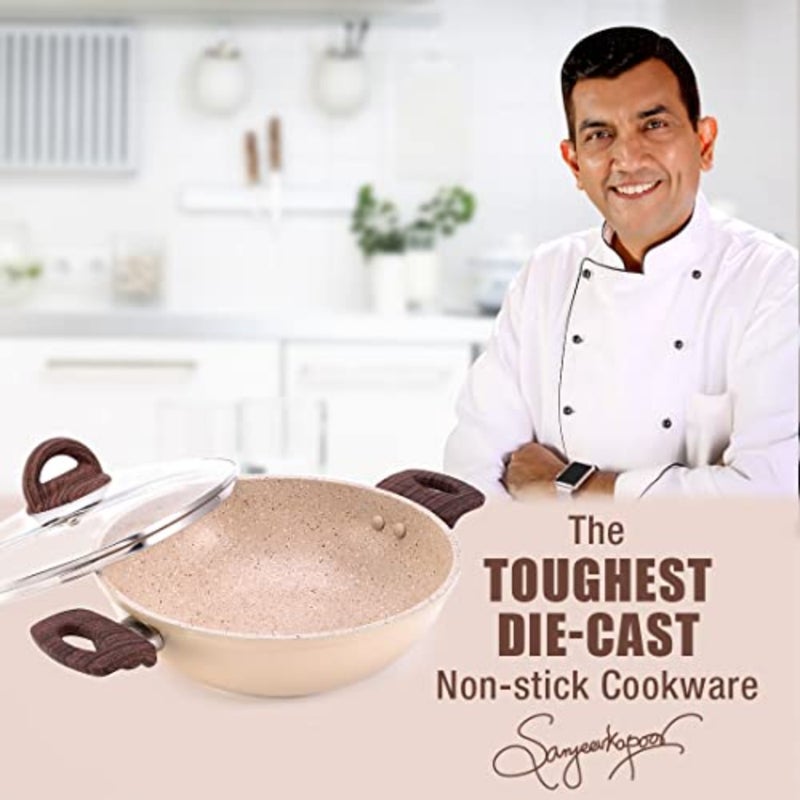 Die-cast 24 cm Kadhai with lid 5 Layer Healthy Duramax Non-Stick Coating Soft Touch Handles Pure Grade Aluminium PFOA Free 2.5 litres 2 Year Warranty Ivory - Image 2