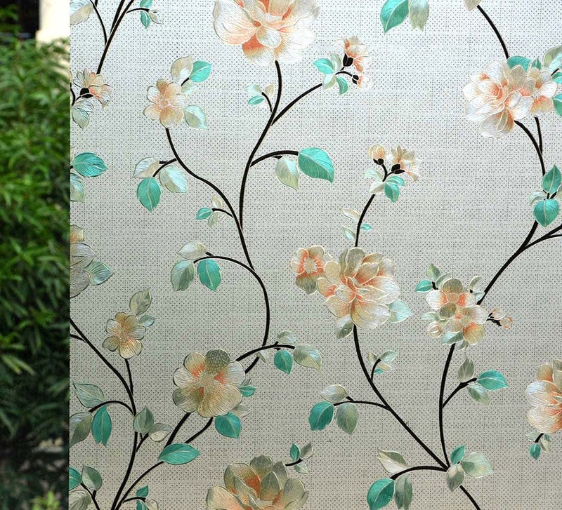 VSUDO Static Cling Decorative Window Privacy Film â€“ Frosted Privacy Window Film with Jasmine Floral & Stained Glass Design, Adhesive-Free Tint for Home, Bathroom & Office (11.8" x 78.7") - Image 1