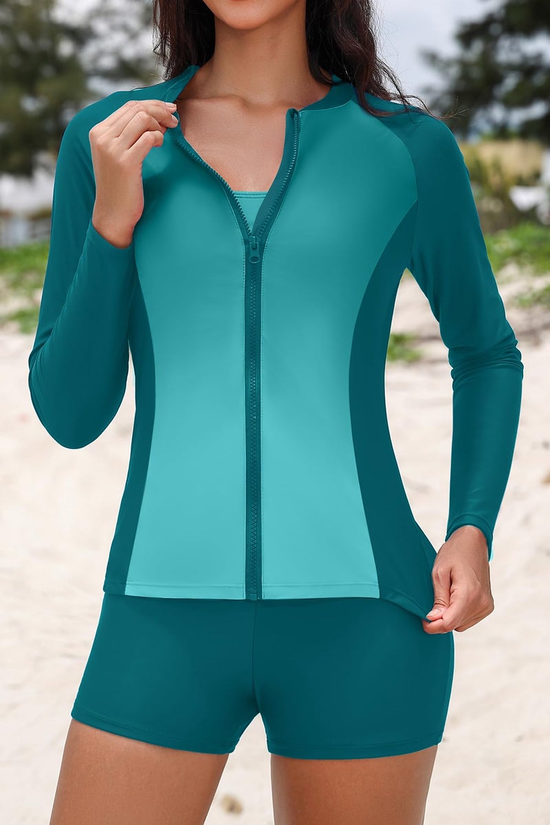 Holipick Green Gradient Long Sleeve Swimsuits for Women - 3 Piece Rash Guard with Shorts Zipper SPF Swim Shirt with Built in Bra L - Image 2