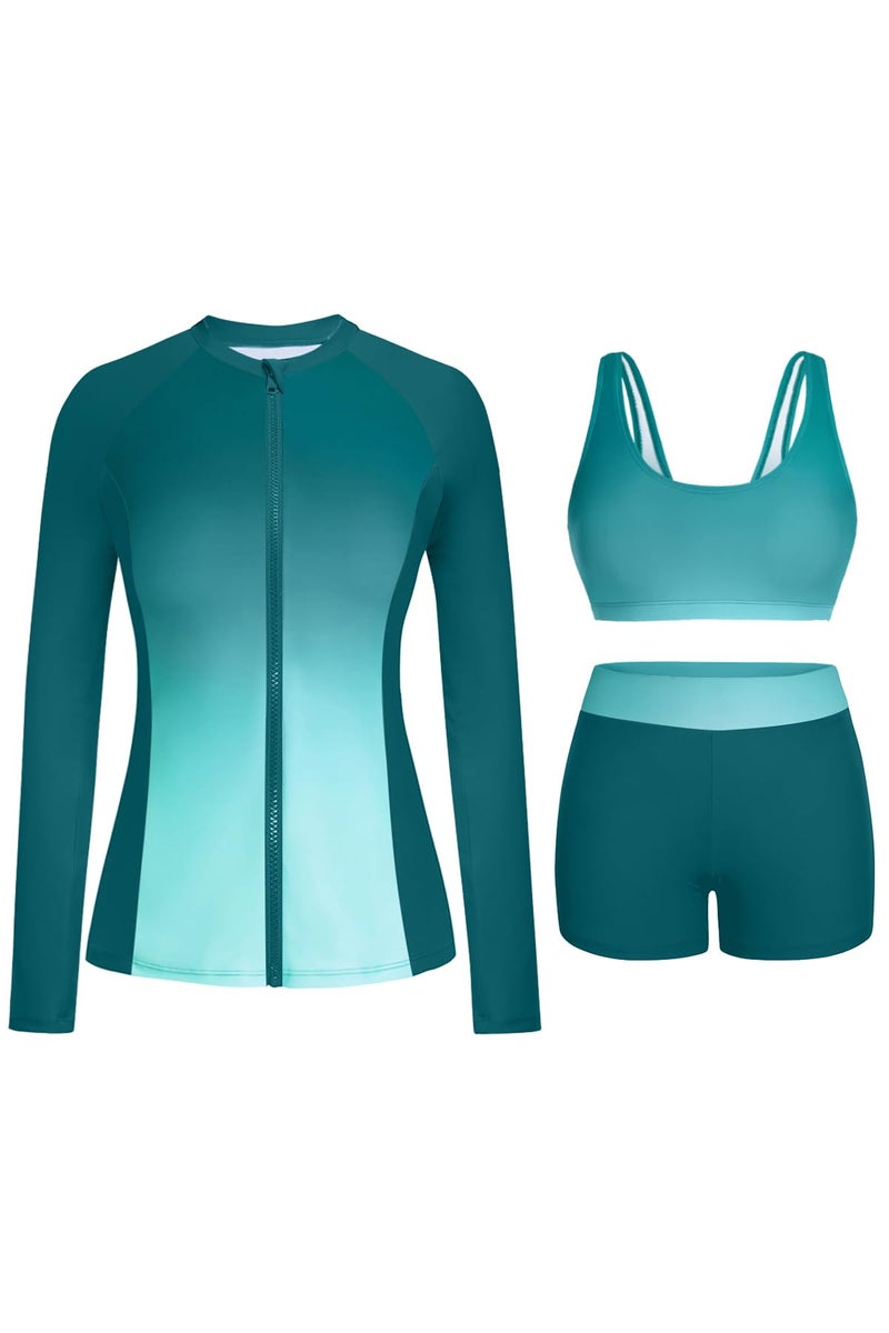 Holipick Green Gradient Long Sleeve Swimsuits for Women - 3 Piece Rash Guard with Shorts Zipper SPF Swim Shirt with Built in Bra L - Image 1