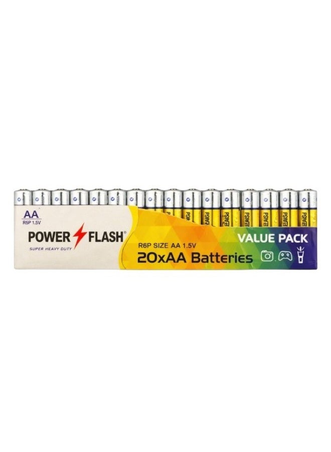 POWER FLASH AA Zinc Batteries 1.5V – Super Heavy Duty – 20 Pieces Value Pack Strip - Image 1