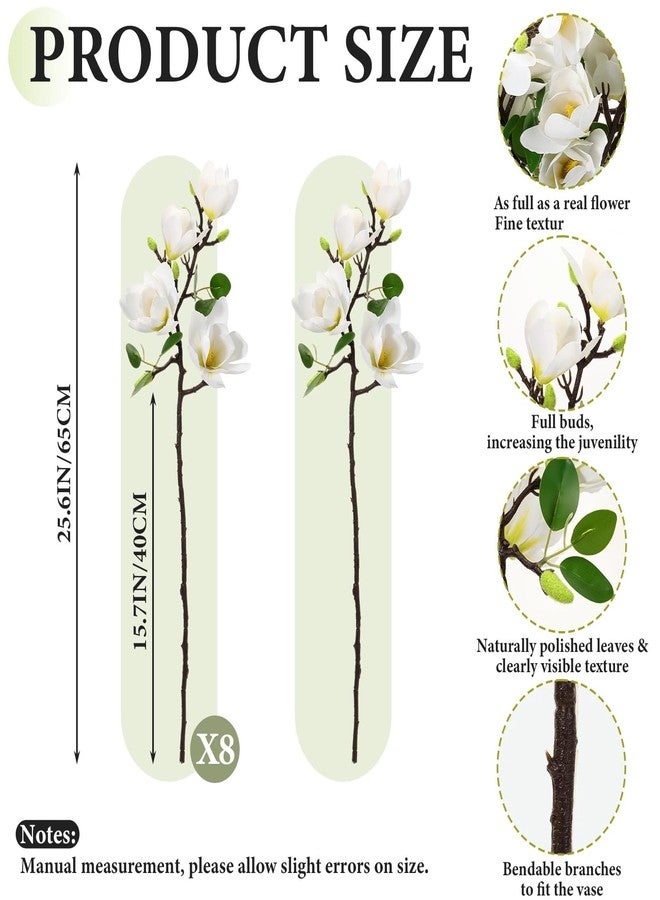 Janinka 8 Pcs Artificial Magnolia Flowers Stem for Spring Decoration Faux Fake Flora Stems Beautiful Magnolia Office Hotel Home Decor Accent Pieces(White) - Image 2