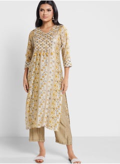 Lace Detail Printed Embroidered Kurti