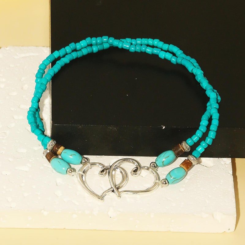 ANGLEQUEEN Elastic Beaded Ankle Bracelets for Women Double Heart Layered Stretch Ankle Bracelets Waterproof Dainty Boho Beaded Anklets for Summer Beach Foot Jewelry (Green Silver) - Image 5