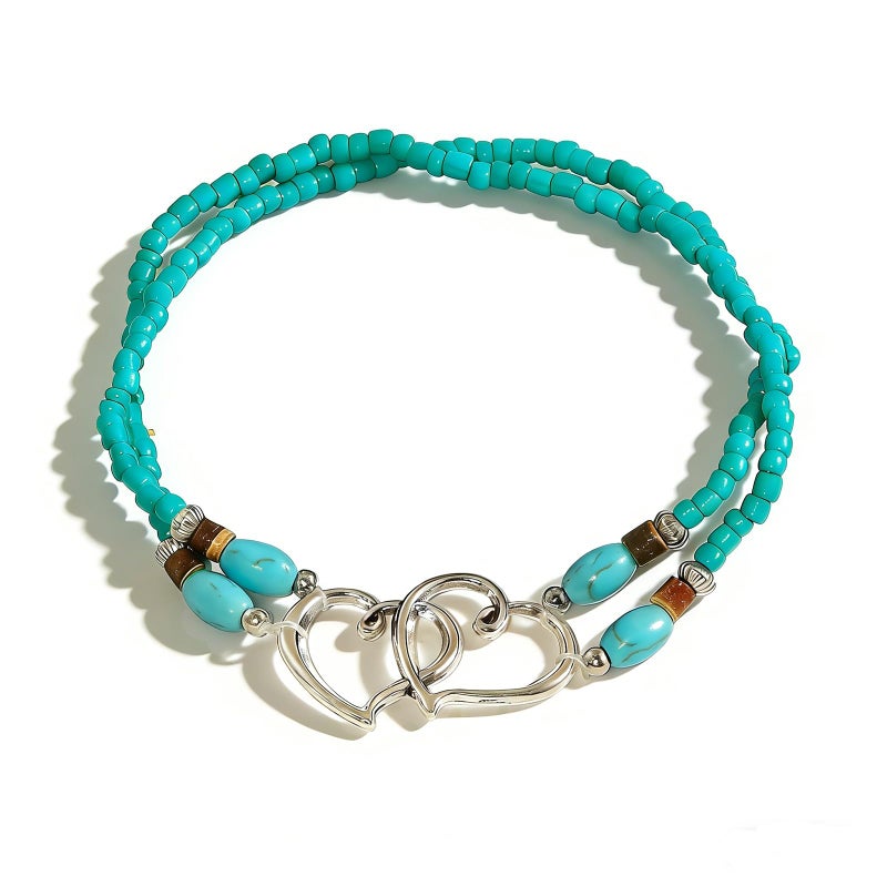ANGLEQUEEN Elastic Beaded Ankle Bracelets for Women Double Heart Layered Stretch Ankle Bracelets Waterproof Dainty Boho Beaded Anklets for Summer Beach Foot Jewelry (Green Silver) - Image 1