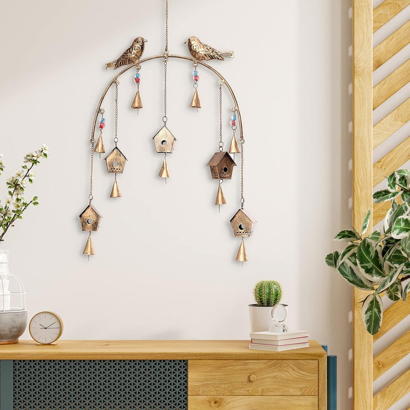DULI Metal Rustic Windchime Wall Hanging, Feng Shui, Wall Art, Diwali Home Decor, Positive Vibes (Metalwallhanging: Birdhouse), Golden - Image 5