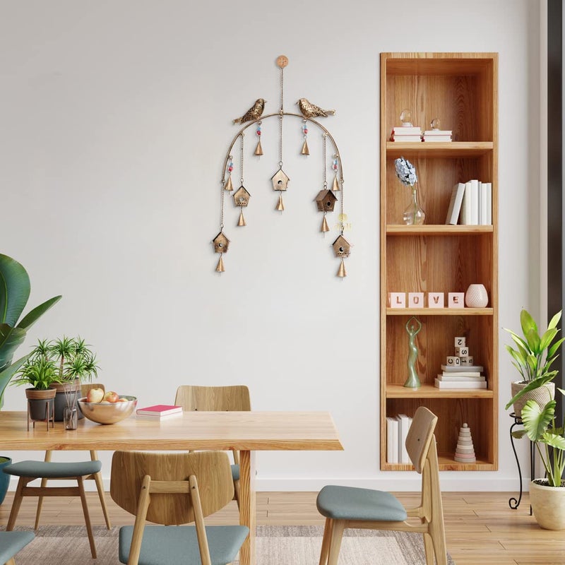 DULI Metal Rustic Windchime Wall Hanging, Feng Shui, Wall Art, Diwali Home Decor, Positive Vibes (Metalwallhanging: Birdhouse), Golden - Image 3