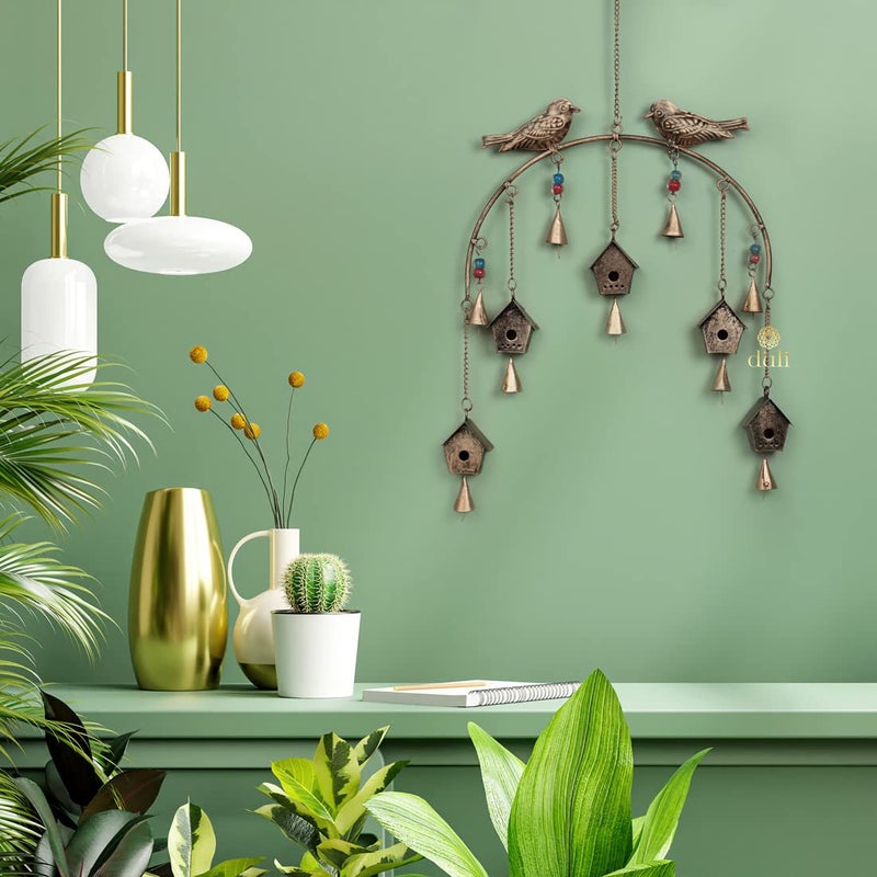 DULI Metal Rustic Windchime Wall Hanging, Feng Shui, Wall Art, Diwali Home Decor, Positive Vibes (Metalwallhanging: Birdhouse), Golden - Image 4